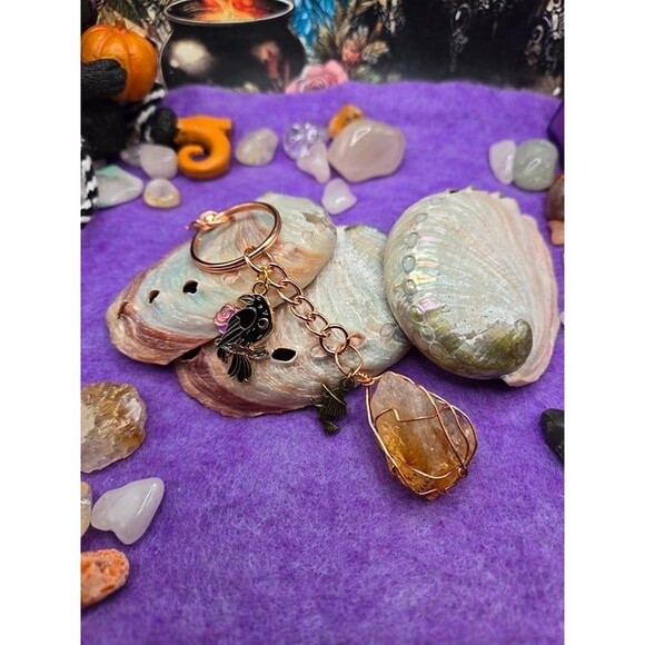 Citrine Crystal Wire Wrapped Crow and Witch Keychain Accessory - Picture 3 of 5